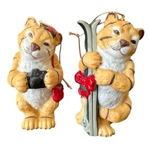 Set of 2 ~VINTAGE 1989 Franklin Mint Animal Christmas Tree Ornaments Tigers 🐅